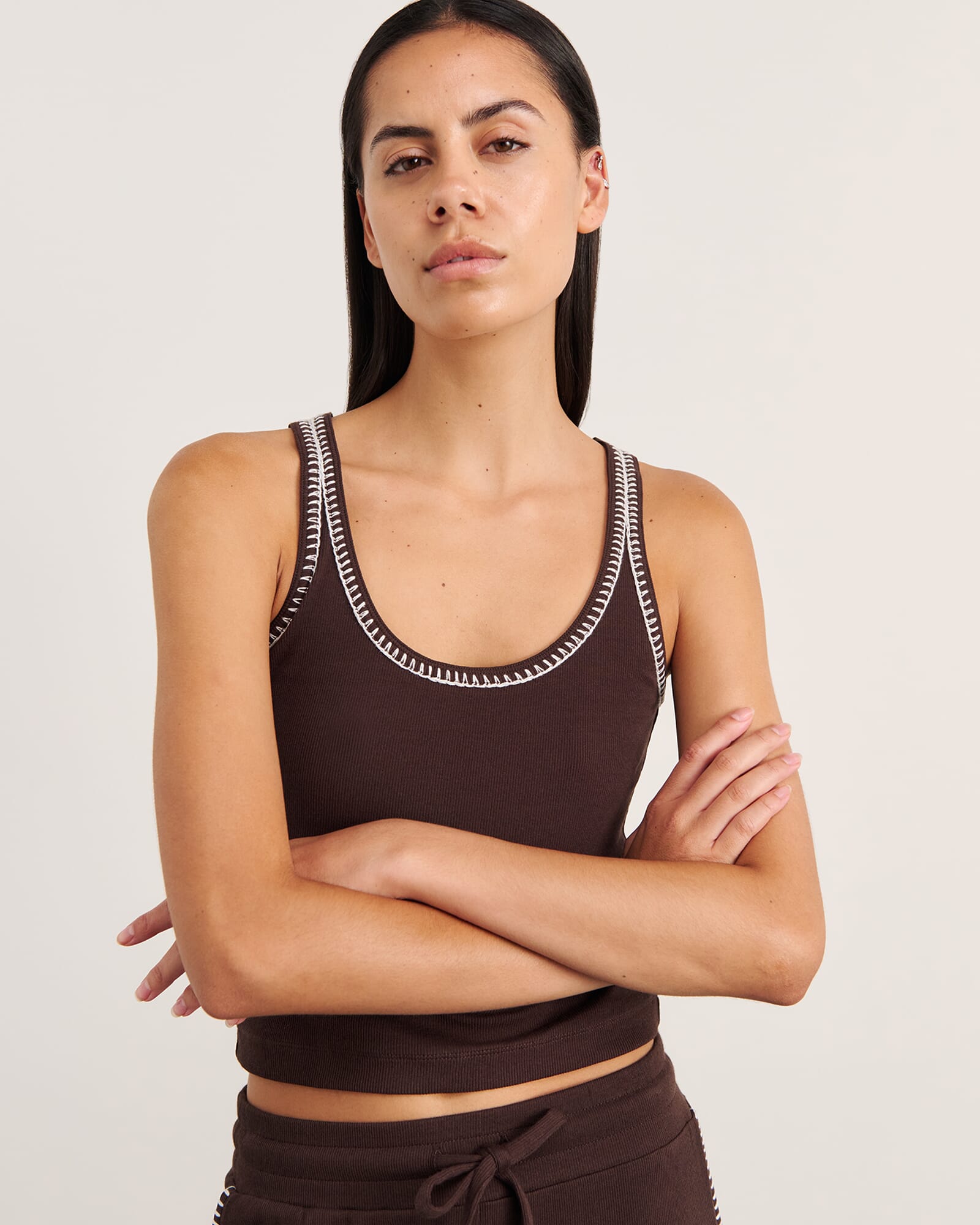 JAG celina blanket stitch tank darkchocolate