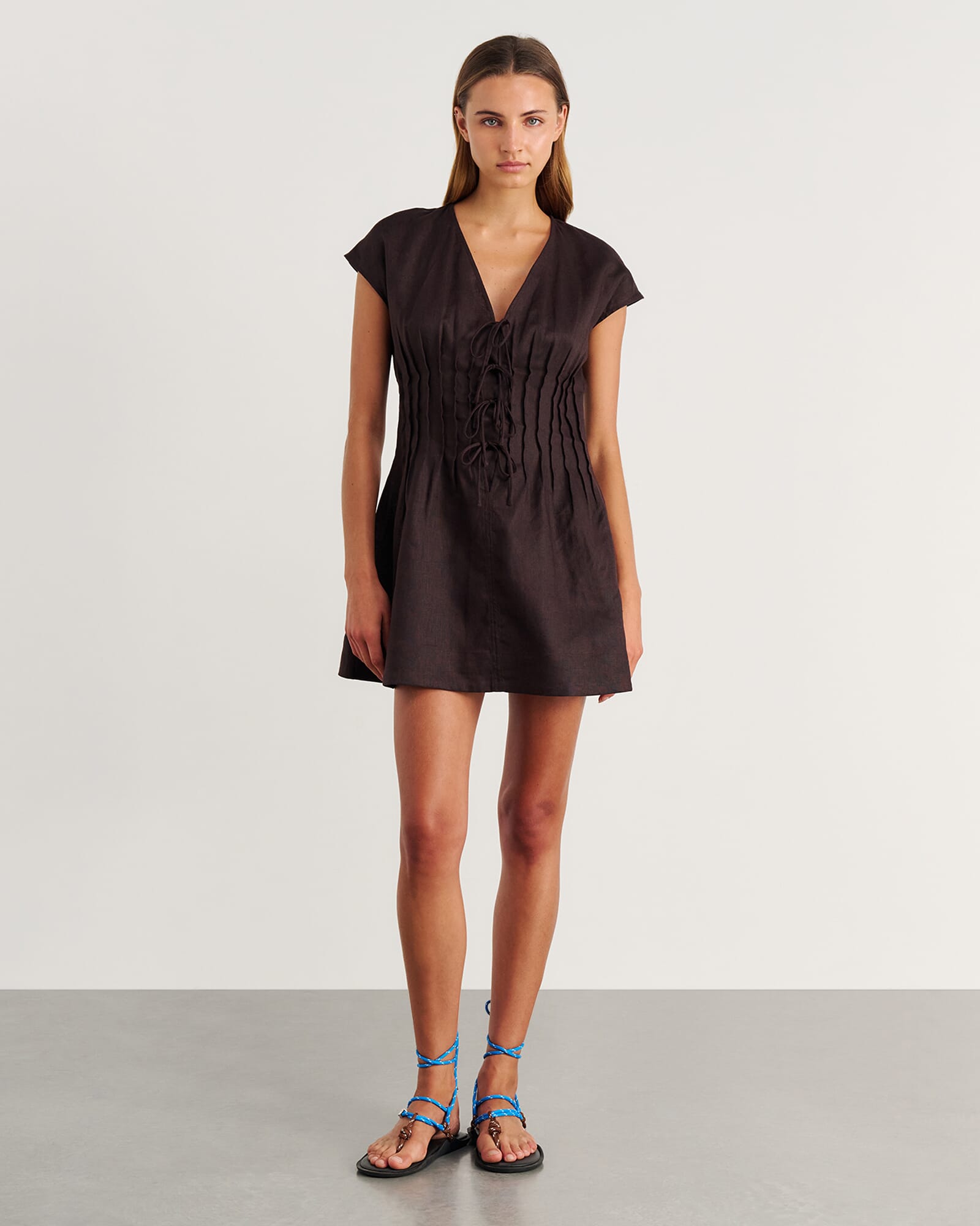 JAG delphine pintuck linen mini dress darkchocolate