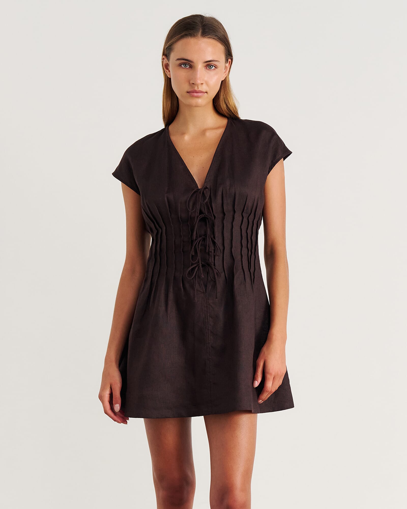 JAG delphine pintuck linen mini dress darkchocolate